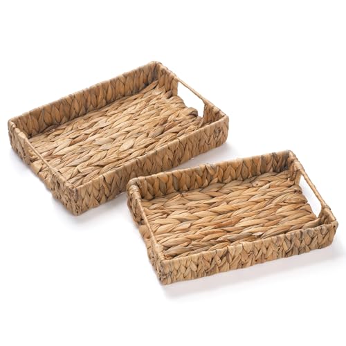 2 Pack Water Hyacinth Tray with Handles, Rectangular Wicker Serving Tray, Woven Serving Basket for Coffee Table, Bathroom, Living Room, Kitchen