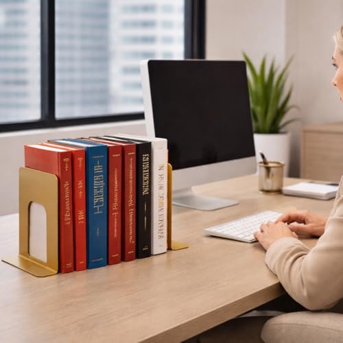 Alessk Dark Matte Gold Bookends for Shelves, Heavy Duty Metal Bookends Supports Heavy Books, Decorative Gold Stops for Home or Office Decoration - 3 Pairs (6 Pieces). - color: Gold 3 Pairs