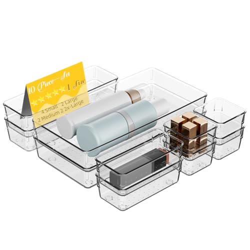 Clear Plastic Drawer Organizer Set with 15 Inch Extra Long Bins, 4 Sizes Large Acrylic Organizers for Kitchen Utensils, Bathroom Trays and Makeup Storage - style: 10pcs with 15inches organizer
