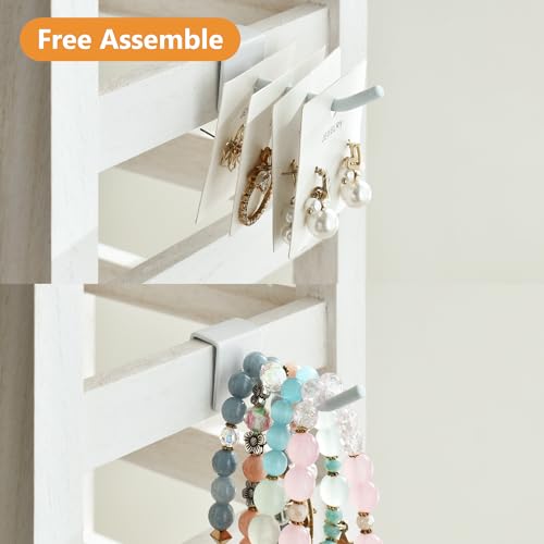 Ikee Design Free Assemble 2 Pcs Set Wooden Jewelry Display Rack with 20 Removable Metal Hooks/Each, Earring Card Display Holder Stand for Necklaces,Bracelet, Keychain Stand, Wash White - color: e) Wash White w/White Hook, 2 Pieces