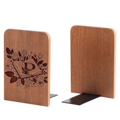 Wood Bookends, Book Ends for Shelves with Decorative Alphabet A and Z Design - Heavy Duty Iron & Ebony Wood Book Ends for Shelves Bookcase Desk - 1 Pair - P - color: P