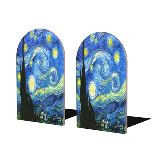 Starry Sky L-Shaped Book Ends 1 Pair Wood Bookends Van Gogh Book End Supports for Heavy Book Shelf Holder Home Decorative - color: Starry Sky