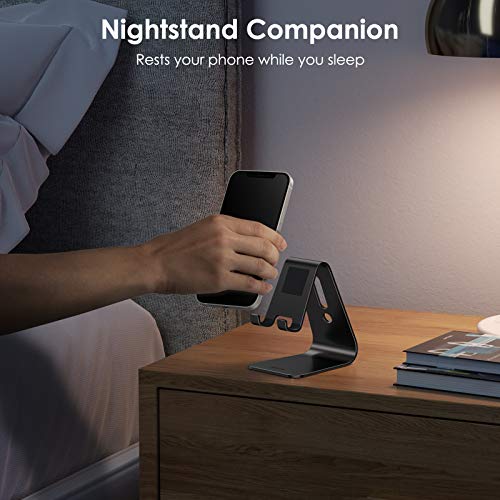 OMOTON Upgraded Aluminum Cell Phone Stand, C1 Durable Cellphone Dock with Protective Pads, Smart Stand Designed for iPhone 17 Air, 16/15/14/13 Pro Max XR XS, iPad mini, Android Phones, Black - color: Black