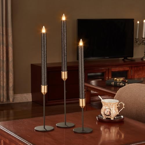 Flameless Taper Candles Flickering with Remote and Timer, 3D Moving Flame Taper Candle Battery Operated to 400 Hours, 9 Inch Window Candles, (Glitter Black) - color: Glitter Black