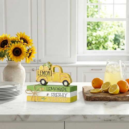 Smile Wooden Summer Indoor Decorations, Mini Tiered Tray Decor with Sunflower and Twine, Rustic Wooden Decorative Books Stack with Wood Truck Sign for Home Kitchen Shelf Tabletop - style: Summer Truck