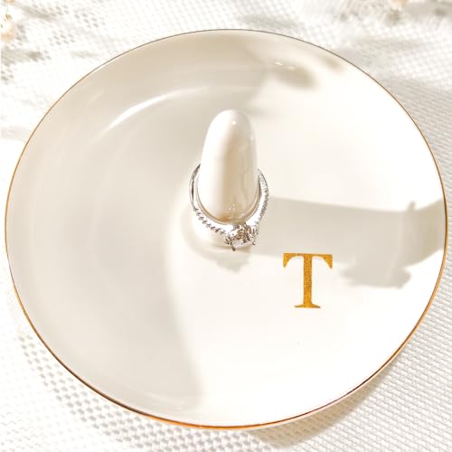 Ceramic Initials Jewelry Tray Ring Dish With Personalized T-Monogrammed Engagement Wedding Gifts, for Birthday Mother's Day for Women, Ceramic White 4.7" x2.4" - style: T