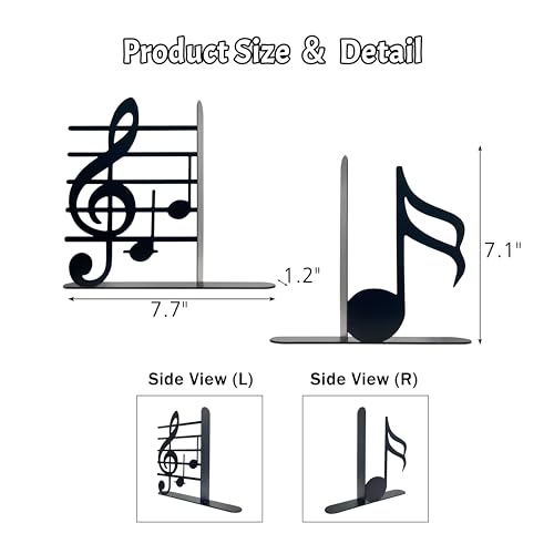 Ecqizer Music Themed Book Ends,Musical Note Bookend,Metal Bookend,Bookends Decorative,Home Decorative Bookends,Bookshelf Holder,Gifts for Music Lovers,Music Teacher and Women, Black