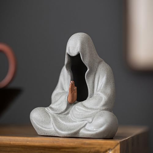 Tea Pet Buddha Statue - 3.7 Inch Faceless Clay Feng Shui Decor, Gongfu Tea Set Companion, Home Office Meditation Desk Ornament (Gray) - color: Gray
