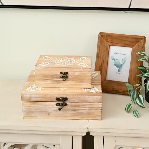 DECOR4SEASON Mandala Carved Wooden Box Set of 2, Rustic Decorative Storage Boxes with Metal Latch, Handcrafted Mandala Flower Design Keepsake Boxes for Jewelry, Photos, Home Decor, Coffee Table - color: Distressed Off-White, size: S&M