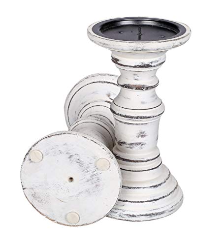 Farmhouse Wooden Candle Holders (Set of 2) - 7.5" Tall Pillar Stands, Antique Finish, Rustic Vintage Decor, Shabby Chic Home Accent, Decorative Centerpieces for Table - Antique White - color: White Antique, size: 7.5 Inch