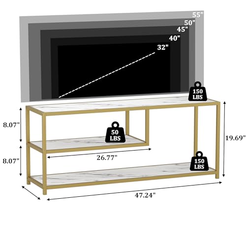 Function Home TV Stand for TVs up to 55 Inch, 3 Tier Entertainment Center, Media Console with Open Storage Shelves for Living Room Bedroom, 47” Modern TV Table with Faux Marble Top Gold Metal Leg - color: 47" Gold