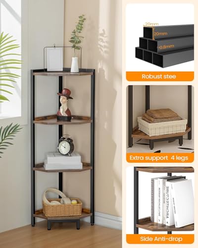 Hzuaneri Corner Shelf Stand, Corner Bookshelf, Storage Standing Shelf Unit with Metal Frame, Plant Stand, Bookcase for Living Room, Home Office, Bedroom, 4-Tier Rustic Brown CS05801B - color: Rustic Brown, size: 4 Tier
