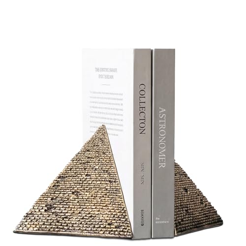 Egyptian Pyramid Book Ends for Shelves Decor, Unique Resin Stone Bookends, Heavy Duty Book Stoppers for Home Office Bookshelf Accessories, Vintage Pyramid Sculpture Decoration, Antique Gold