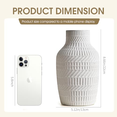 Boho White Ceramic Vase, 8.7" Matte Textured Flower Vase for Home Decor, Minimalist Table Centerpiece for Living Room, Office, Bedroom (Matte White Vase) - color: Matte White Vase