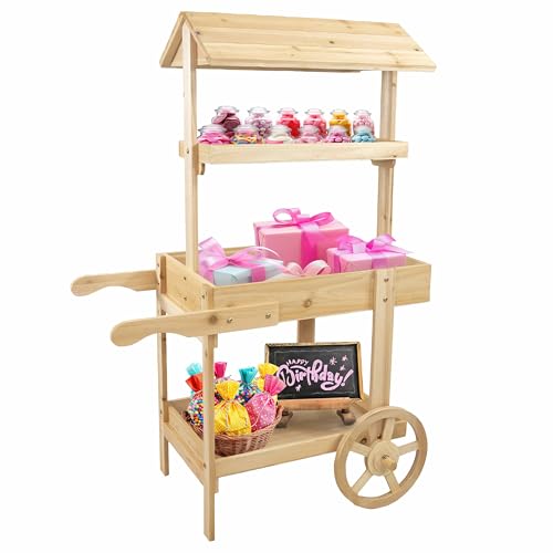 Sunnydaze Country Market Flower Cart Display Stand with Wheels - 2 Shelves - Fir Wood - 30 lb Weight Capacity - Natural Fir - color: Natural Fir