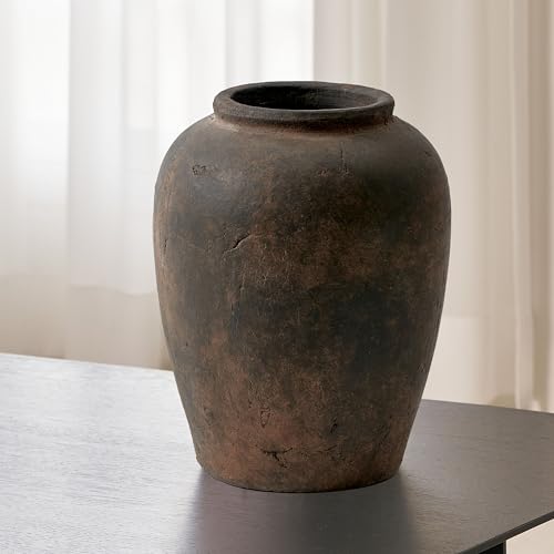 LB2 Brown Ceramic Large Vase, 11.8" Tall Zen Style vase, Terra Cotta Pitcher, Distressed Farmhouse Decor, Pottery Decorative Flower for Home Decor (A - Brown 11.8") - color: A - Brown 11.8"