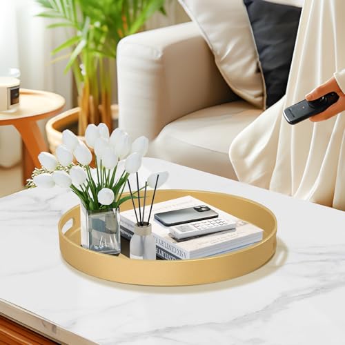 MAONAME 13" Gold Round Decorative Tray for Coffee Table, Modern Serving Tray with Handles, Plastic Ottoman Trays, Bathroom Decor - color: Gold, size: 13" x 13" x 1.6"
