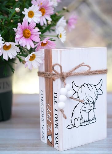 LIVDUCOT Highland Cow Wood Book Stacks Decor - Rustic Farmhouse Decorative Books Sign for Home Coffee Table Mantle Fireplace Shelf Decorations - I'll Love You Until the Cows Come Home 7.5x5x3' - color: Cow