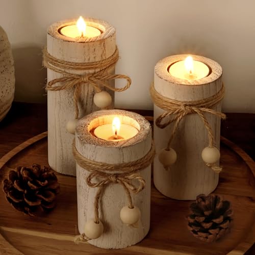 MelonBoat White Pillar Candle Holder:Farmhouse Candle Holders with Battery Operated Candles, Farmhouse Decor with Flameless LED Candles, Wood Centerpieces for Table 3-Pack for Holiday Party Home Decor