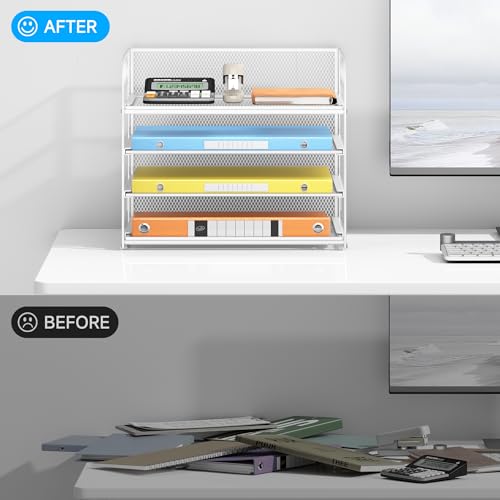 Lavatino Paper Organizer for Desk, 4-Tier Desk Organizer Tray, Mesh Desktop File Organizers with Handle, Office Classroom Organization and Storage-White - color: 4 Tier - White