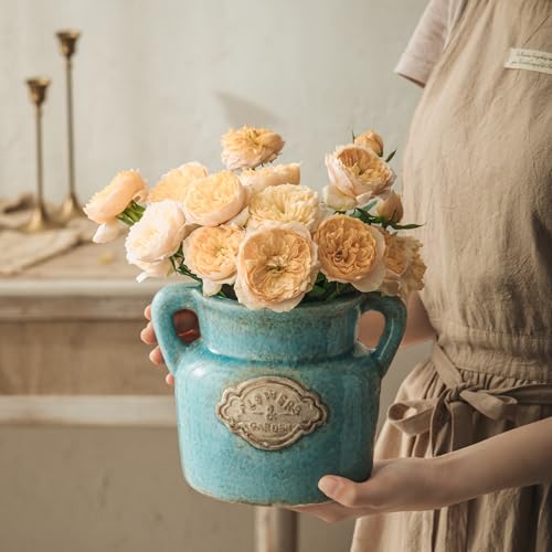 Blue Rustic Ceramic Vase, 5.8 Inch Distressed Wide Mouth Vase with Ice Cracked Glazed, Farmhouse Vintage Flower Vases for Home Office Decor Living Room Bedroom Table Centerpiece Decorations - color: Blue