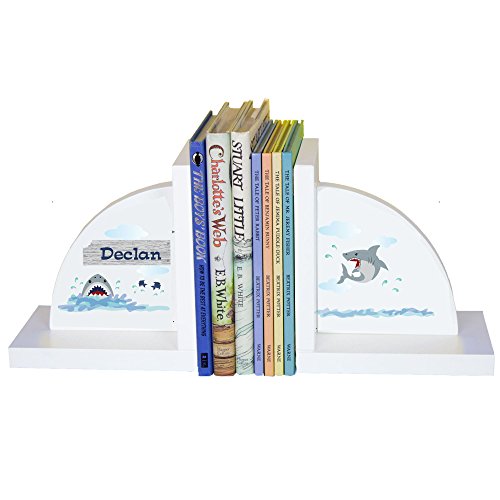 My Bambino Personalized Bookends Custom White Wood Book Ends for Children's Books Gift for Boys Book Shelf (Shark Tank) - color: Shark Tank