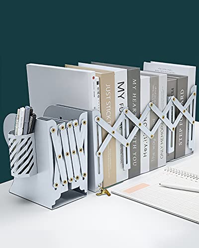 MSDADA Adjustable Bookends, Metal Book Ends for Heavy Books, Expandable Book Organizer with Pen Holder for Desk, Shelf, Office, The First Day of School Stationery Gift for Students,Teachers (White) - color: White