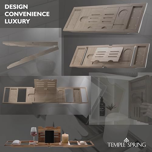 Temple Spring Foldable Bathtub Tray, Unique Design Selfcare Bathroom Caddy, Acacia Spa Bathroom Tray, Wooden Bathtub Accessories, Wedding Gift/Birthday Gift/New Home Bath Table – Not Teak - color: Foldable Acacia