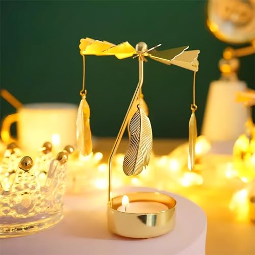 Self Rotating Candlestick Holder, Metal Tea Light Holders Automatic Rotating, Romantic Aroma Tea Candle Round Holder, Unicorn, Snowflower, Kids, Leather Candle Holder Home Decor (Feather) - color: Feather