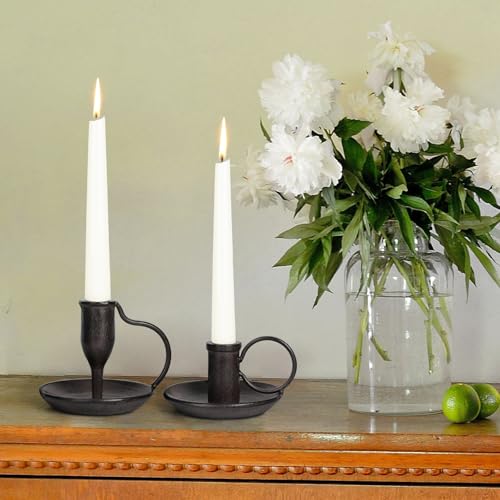 Matte Black Iron Candle Holder with Handle 2 Pcs Taper Candle Sticks Holder Decor Farmhouse Candlestick Holders for Home Wedding Party Dinning Table Centerpiece - color: Black&brown