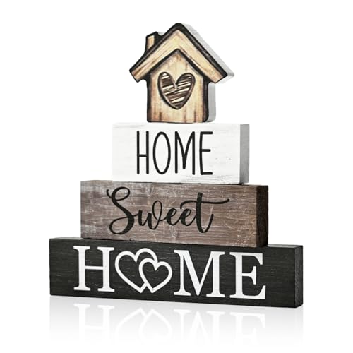 Smile 4 Pcs Farmhouse Wooden Tabletop Decor Home Tiered Tray Decoration, Rustic Retro Neutral Wood House-Shaped Block Sign, Centerpiece Suitable for Home Shelves Fireplace Mantels - style: Sweet House