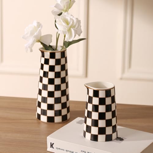 Porlien Checker Porcelain Flower Vase Home Decor Set of 2 with 5.5' High and 8' High Small Indoor Flower Bottles