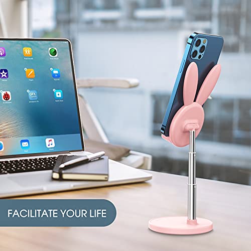 OATSBASF Cute Bunny Phone Stand, Adjustable Pink Cell Phone Holder for Desk, Weighted Base Kawaii Desk Accessories, Aesthetic Room Decor Gift for Women/Girls/Kids, Compatible with All Phones - color: Pink