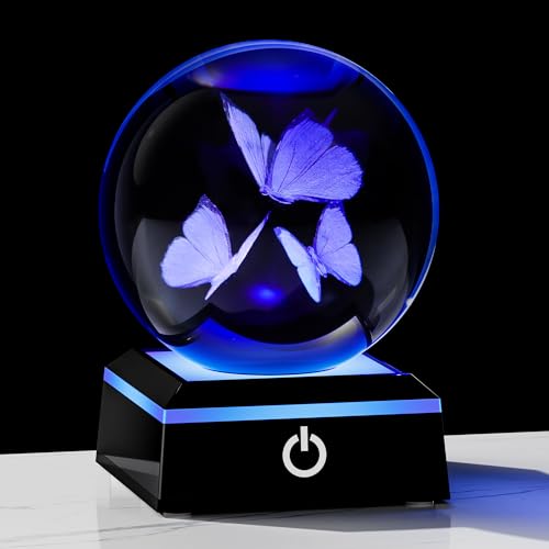 Qianwei Butterfly Gifts for Women 3D Crystal Ball 3.14'' - 80mm Laser Decor Glass Animals Figurines Statue for Room Decorations Night Light - style: 3PCS Butterfly
