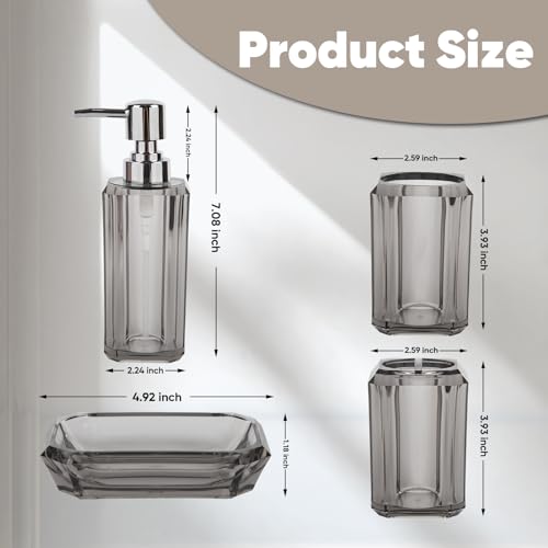 4-Piece Modern Gray Bathroom Accessories Set — Soap Dispenser, Soap Dish, Mouthwash Cup & Toothbrush Holder, Glossy Acrylic with Gray Finish, Vanity Countertop Organizer - color: Gray
