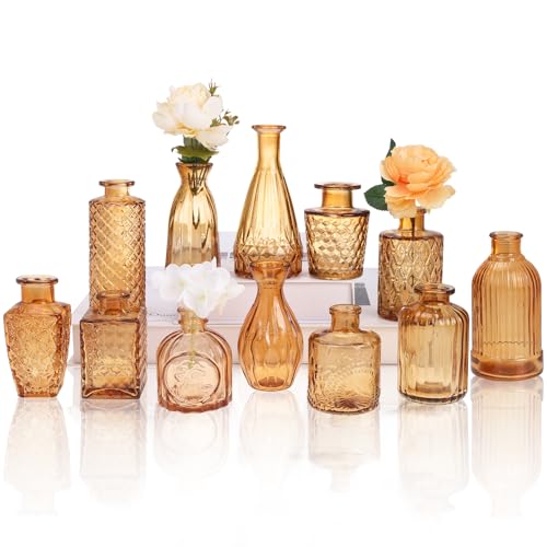 12 Pack Amber Gold Glass Bud Vase Set, Small Vintage Vases for Centerpieces, Decorative Flower Vases for Wedding Home Table Decor - color: Amber, size: 12pcs