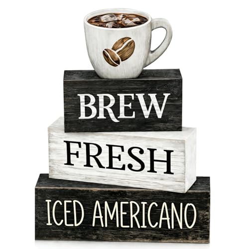 4 Pcs Coffee Bar Decor Wooden Blocks Rustic Farmhouse Sign For Coffee Table Decorations And Shelf Accessories Gift - style: Coffee