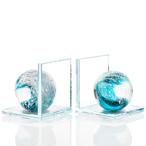 Arikyrist 1 Pair Crystal Bookends for Heavy Books with Hand Blown Ocean Waves Ball Glass Decorative Non Skid Bookends for Bookshelf Office Home (Dark Green) - color: Dark Green