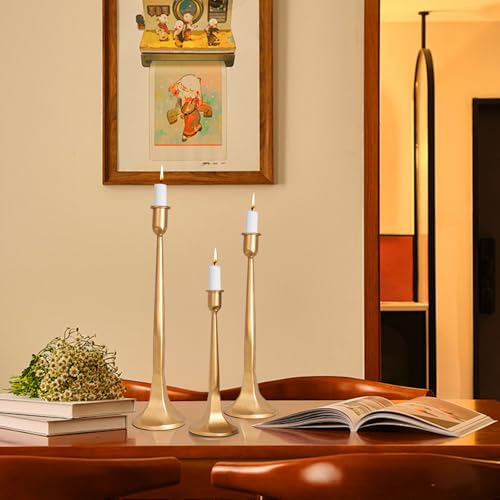 Candlestick Holders Set of 3, Iron Taper Candle Holder Set, Decorative Tall Candle Stand Fits 3/4 inch Thick Candles for Wedding, Dining Table, Party Decoration - color: Antique Brass