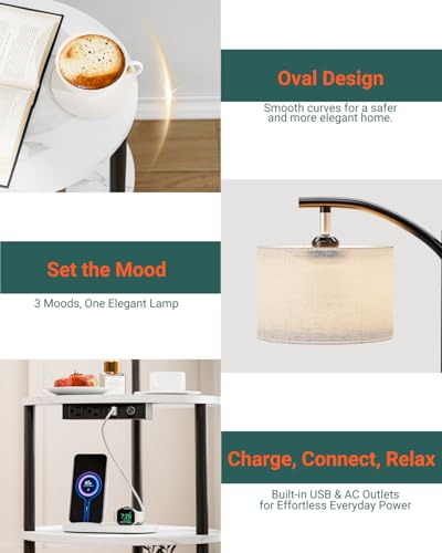 Round Side Table with Lamp and USB Ports, 3-Tier Small End Table for Living Room & Bedroom, Rustic Wood Metal Nightstand for Small Spaces, Easy to Assemble, Marble White - color: Marble White, size: 1-Pack, style: Built-in Charging + Lighting