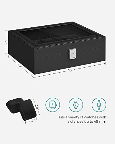 SONGMICS Watch Box, 10-Slot Watch Case Organizer with Large Glass Lid, Removable Pillows, Gift for Loved Ones, Black Synthetic Leather, Black Lining UJWB010B02 - color: Black + Black, size: 10 Slot