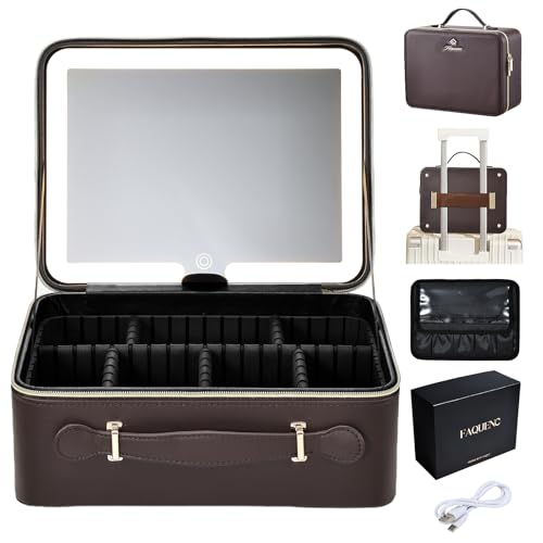 Leather Makeup Case with LED Lighted Mirror 11.4 Inch Travel Makeup Bag Adjustable Brightness in 3 Colors Cosmetic Organizer Artist Storage Bag with Dividers Brush Holder Bag Vanity Dark Brown - color: WD-Dark Brown 11.4 Inch, size: 2-Medium