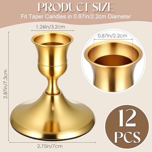12PCS Brass Gold Taper Candle Holders Set, Vintage Metal Candlestick Holders for Table Centerpiece, Wedding Reception, Festive Christmas Mantel Decoration or Home Decor - color: Gold - 12 Pcs