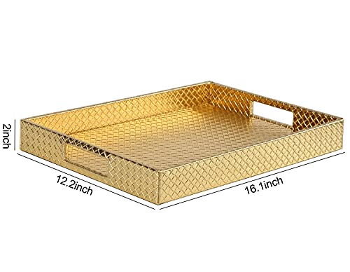 HofferRuffer Rectangle Serving Tray with Hole Handles for Coffee Table, Breakfast, Tea, Food, Butler - Countertop, Kitchen, Vanity Serve Tray, 16.2 x 12.2 x 2 inches, Faux Leather (Gold) - color: Gold, size: 16.2" x 12.2" x 2"
