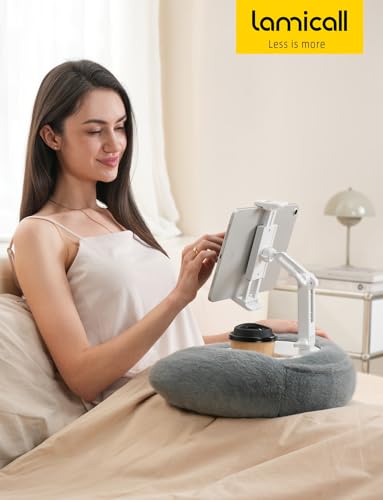 Lamicall Tablet Pillow Holder Kindle Stand - [360° Adjustable Arm][Snack Bowl] iPad Lap Holder, Kindle Accessories for Reading in Bed, iPad Stand with Bowl for 4.7-13" Tablet, E-Reader, iPhone - color: Gray