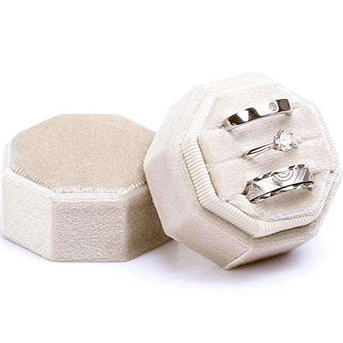 WantGor Velvet Ring Box, 3 Slots Jewelry Ring Gift Box Vintage Ring Display Holder Case for Wedding Ceremony Proposal Engagement (Beige) - color: Beige