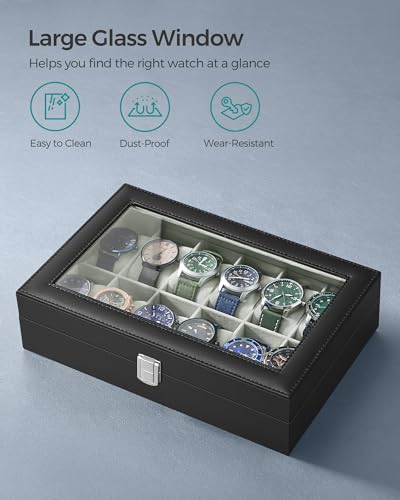 SONGMICS Watch Box, 12-Slot Watch Case Organizer with Large Glass Lid, Removable Pillows, Gift for Loved Ones, Black Synthetic Leather, Gray Lining UJWB12BK - color: Black + Gray, size: 12 Slot