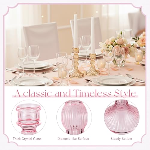 Mumufy 20 Pcs Glass Crystal Taper Candle Holders Clear Glass Candlestick Holder Fit 0.8 Inch Candles Crystal Decorative Candle Stand Centerpiece Table Wedding Dining Party(Pink) - color: Pink