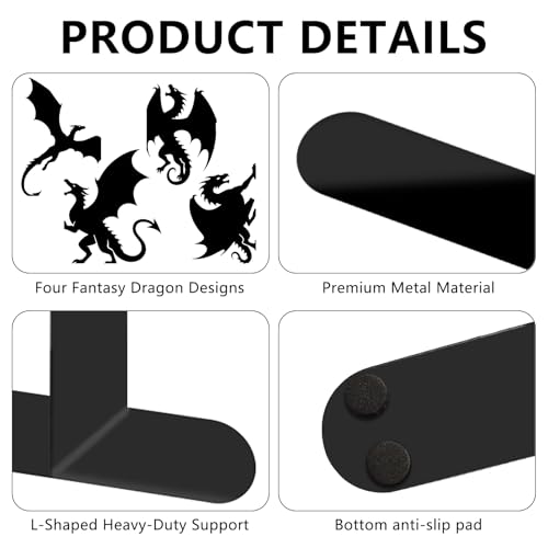 4 Pcs Dragon Metal Bookends - Heavy Duty Book Ends for Shelves, Fantasy Gothic Decor for Home Office Desk Bookshelf, for Dragon Lovers, Fantasy Readers - color: Dragon