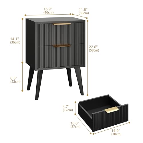 YAUKOMEL Small Black Night Stand,Mid Century Modern Bedside Table, Nightstand with 2 Drawers,Fluted Side Table with Wood Legs, End Table for Bedroom,Small Space Black11.8 D x 15.7" W x 22.8" HCTG55BK - color: Black, style: Fluted Style